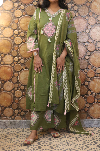 Olive Green Embroidered Pure Cotton Kurta Pant Dupatta Set