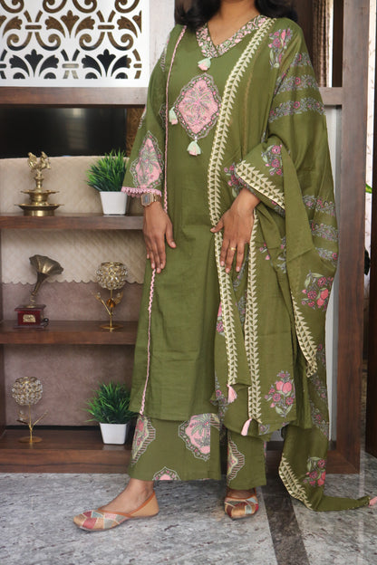 Olive Green Embroidered Pure Cotton Kurta Pant Dupatta Set
