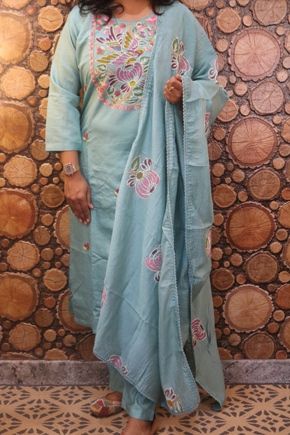 Aqua Blue Embroidered Pure Cotton Kurta Pant Dupatta Set