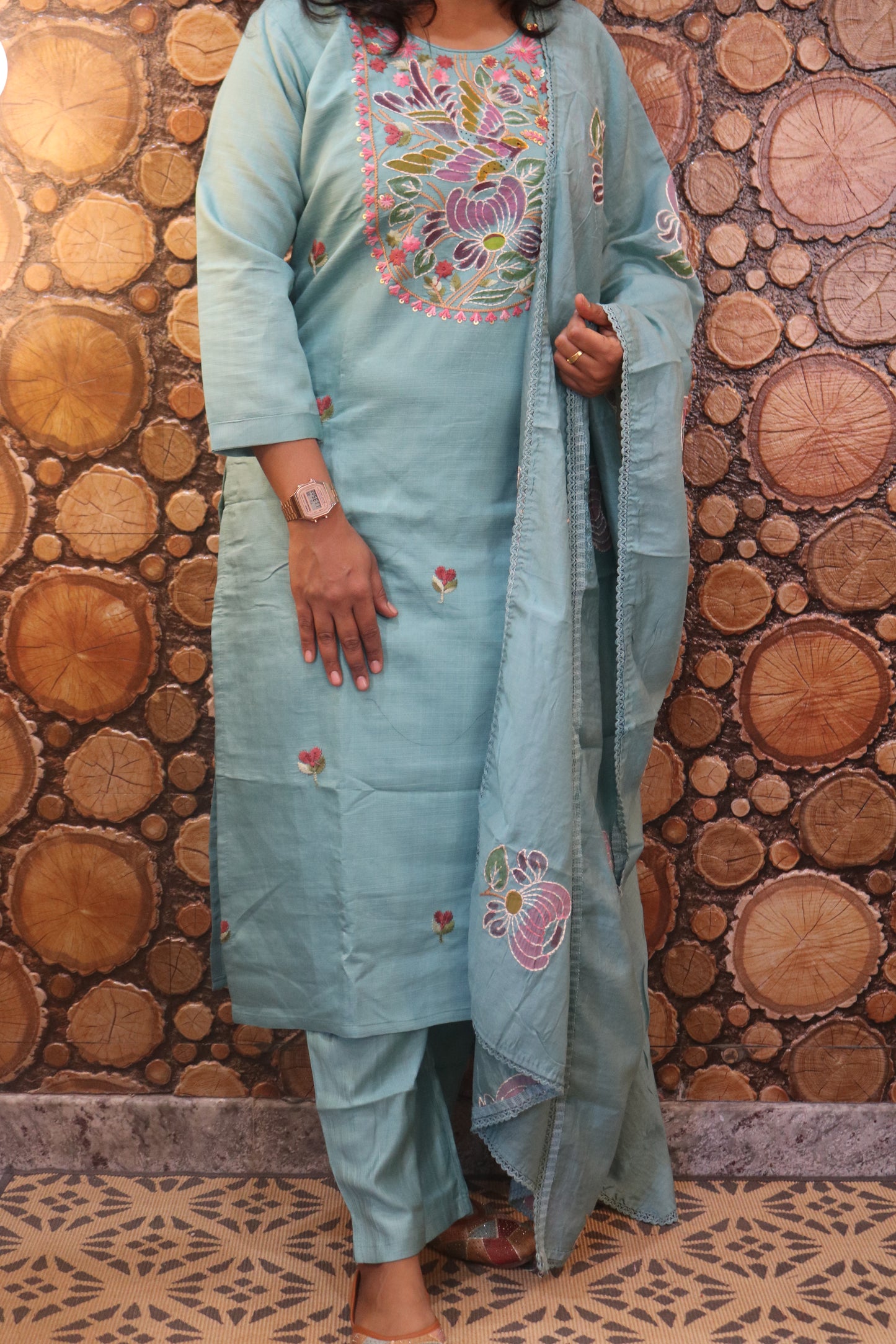 Aqua Blue Embroidered Pure Cotton Kurta Pant Dupatta Set