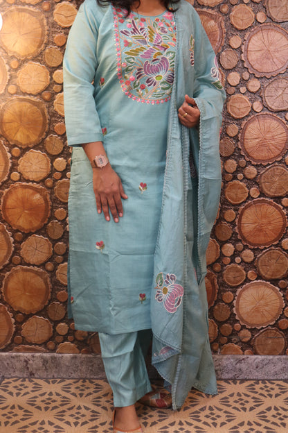 Aqua Blue Embroidered Pure Cotton Kurta Pant Dupatta Set