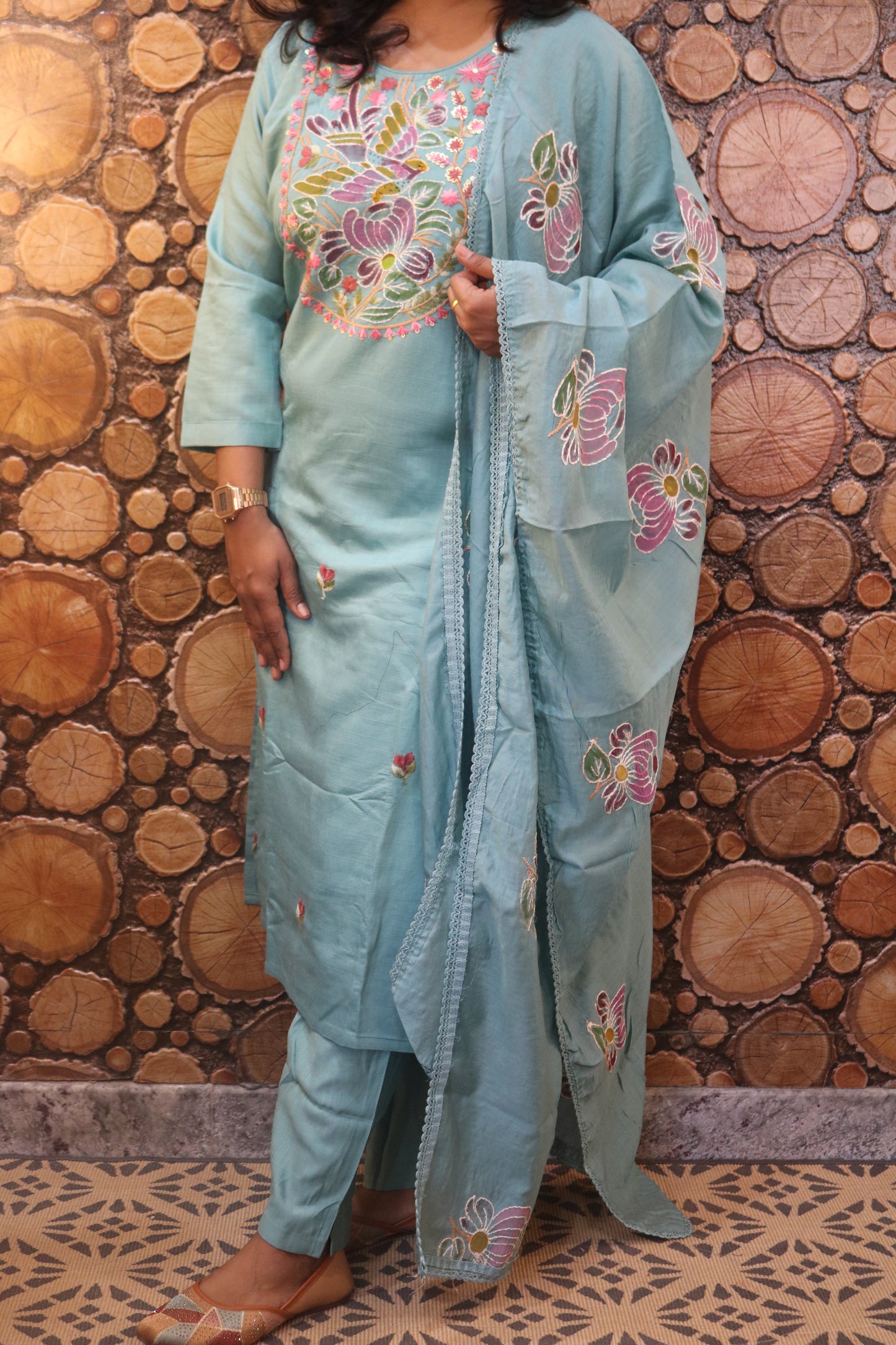 Aqua Blue Embroidered Pure Cotton Kurta Pant Dupatta Set