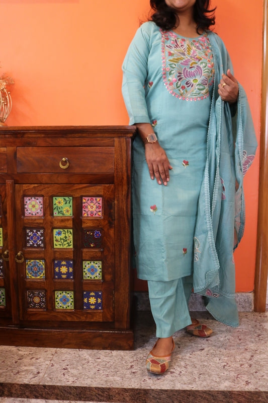 Aqua Blue Embroidered Pure Cotton Kurta Pant Dupatta Set
