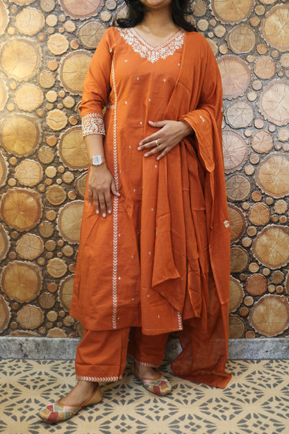 Rust Orange Embroidered Pure Cotton Kurta Pant Dupatta Set