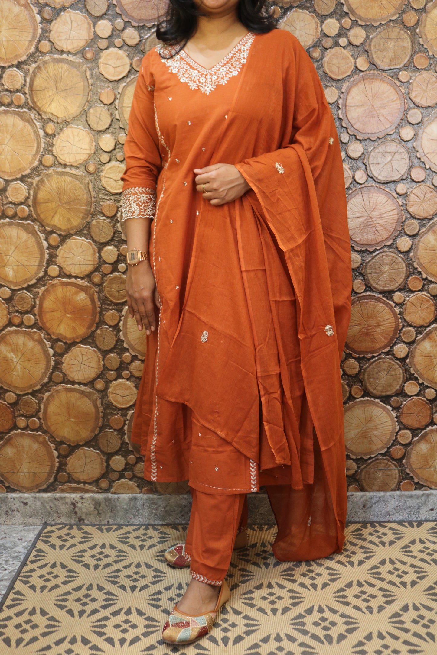 Rust Orange Embroidered Pure Cotton Kurta Pant Dupatta Set