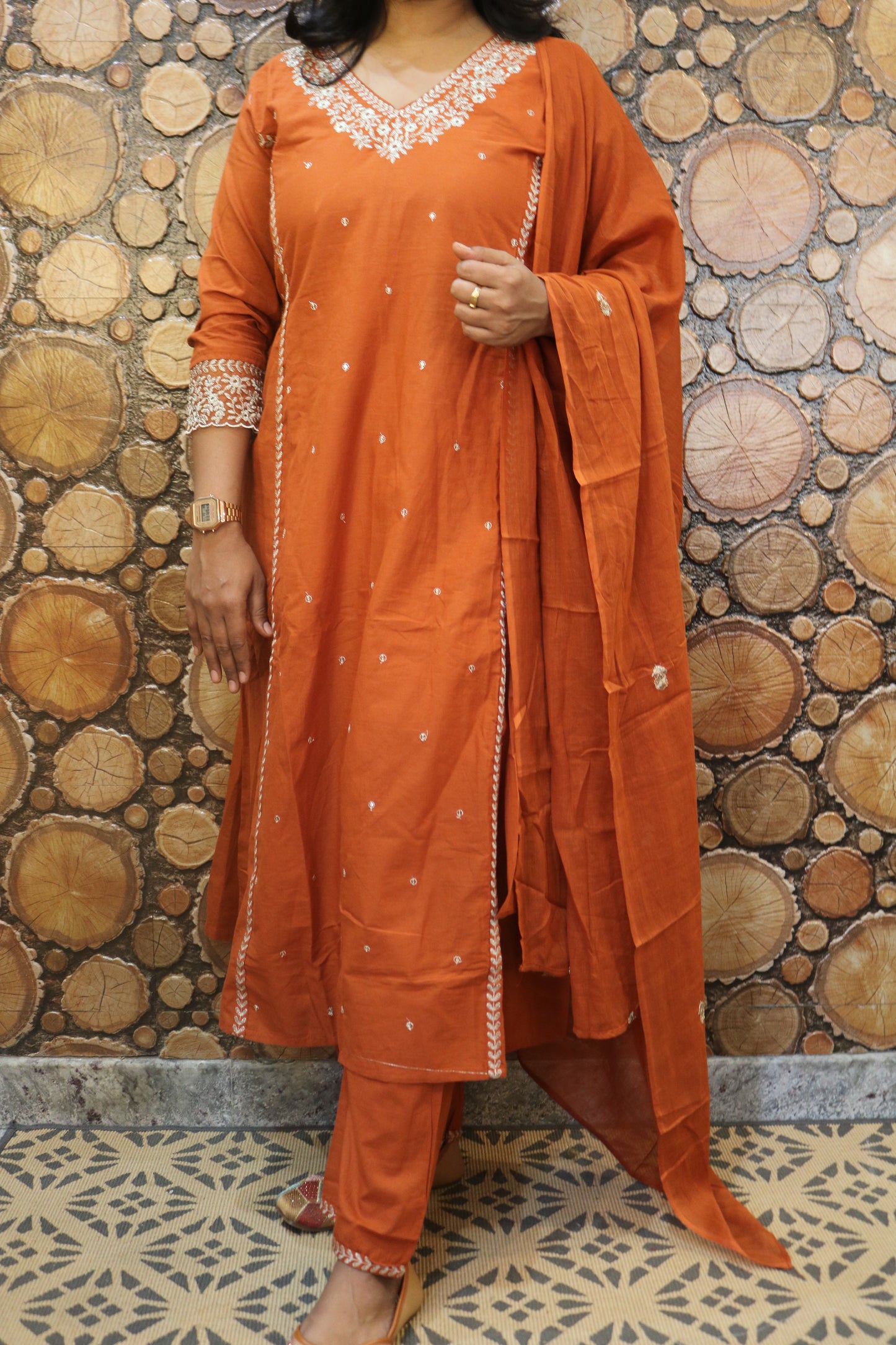 Rust Orange Embroidered Pure Cotton Kurta Pant Dupatta Set