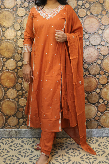 Rust Orange Embroidered Pure Cotton Kurta Pant Dupatta Set