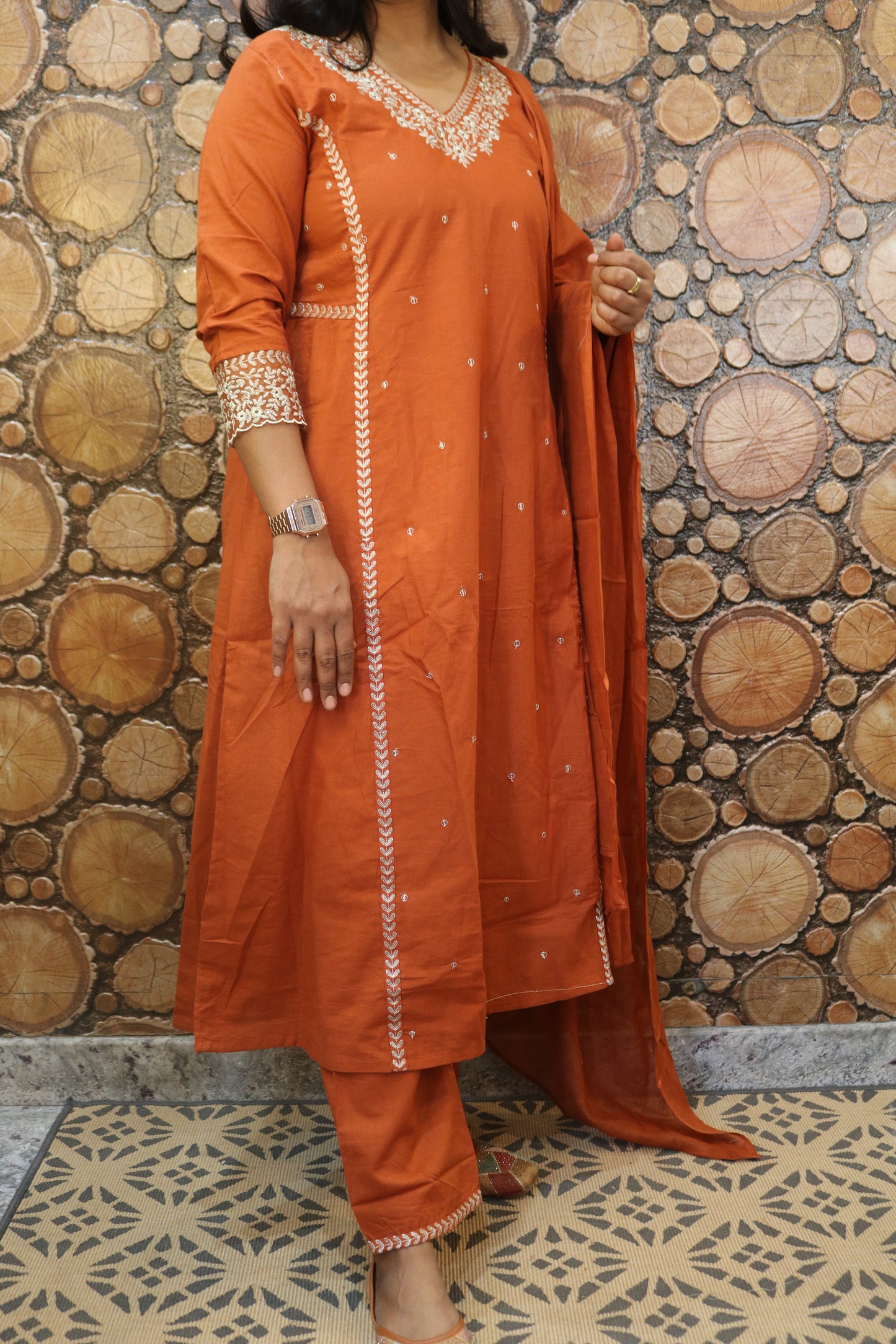 Rust Orange Embroidered Pure Cotton Kurta Pant Dupatta Set