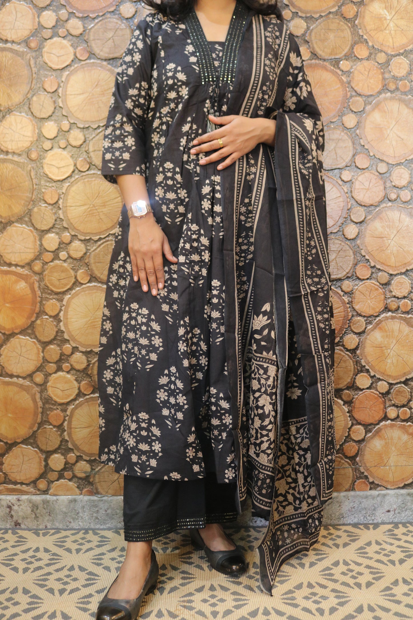 Charcoal Black Printed Pure Cotton Kurta Pant Dupatta Set