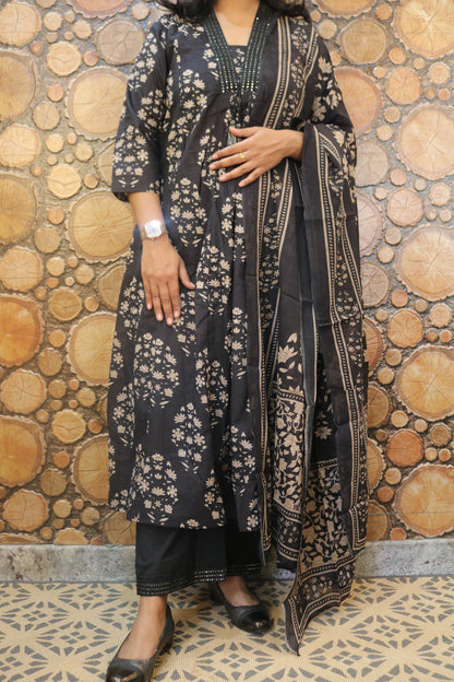 Charcoal Black Printed Pure Cotton Kurta Pant Dupatta Set