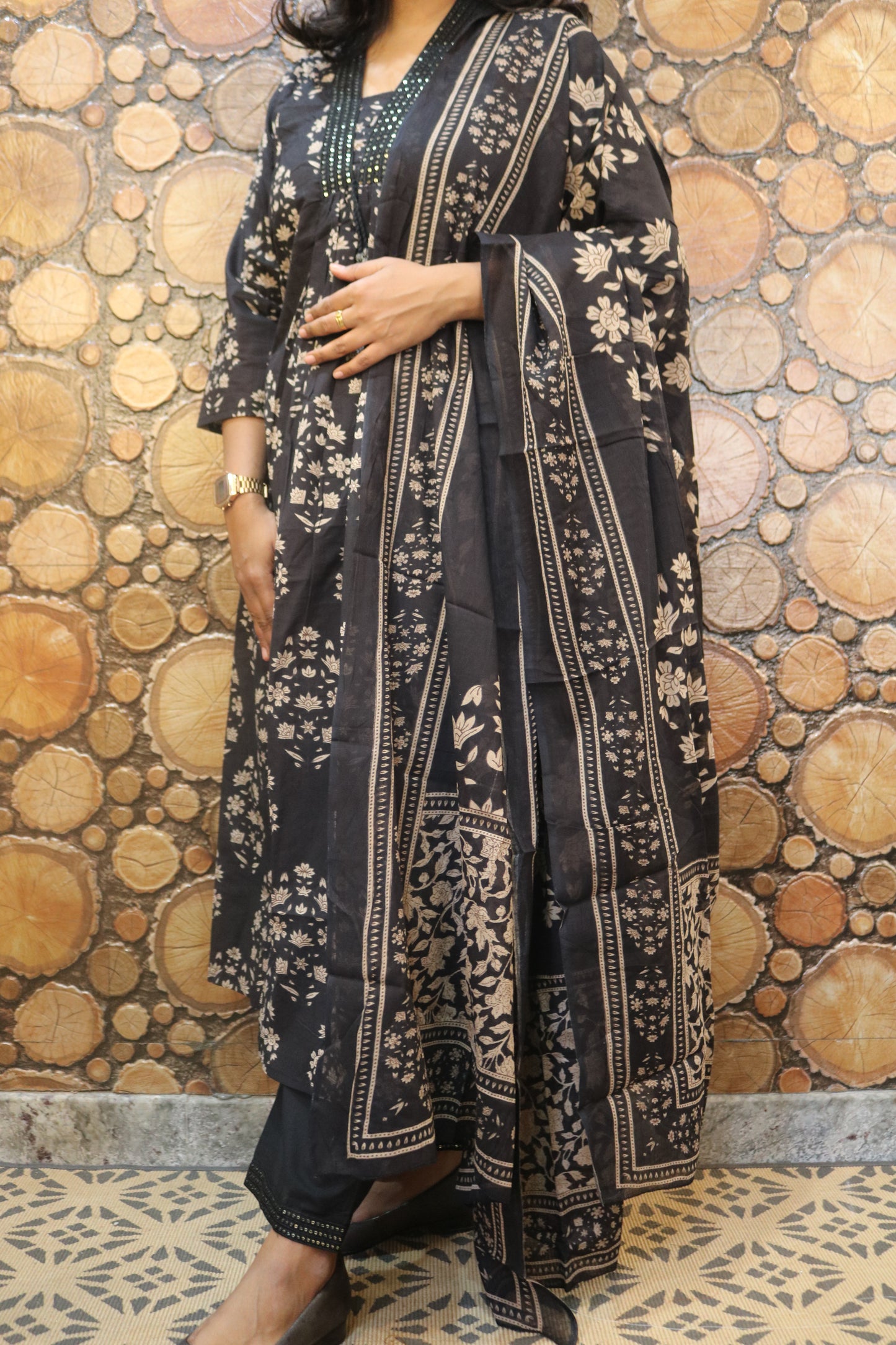 Charcoal Black Printed Pure Cotton Kurta Pant Dupatta Set