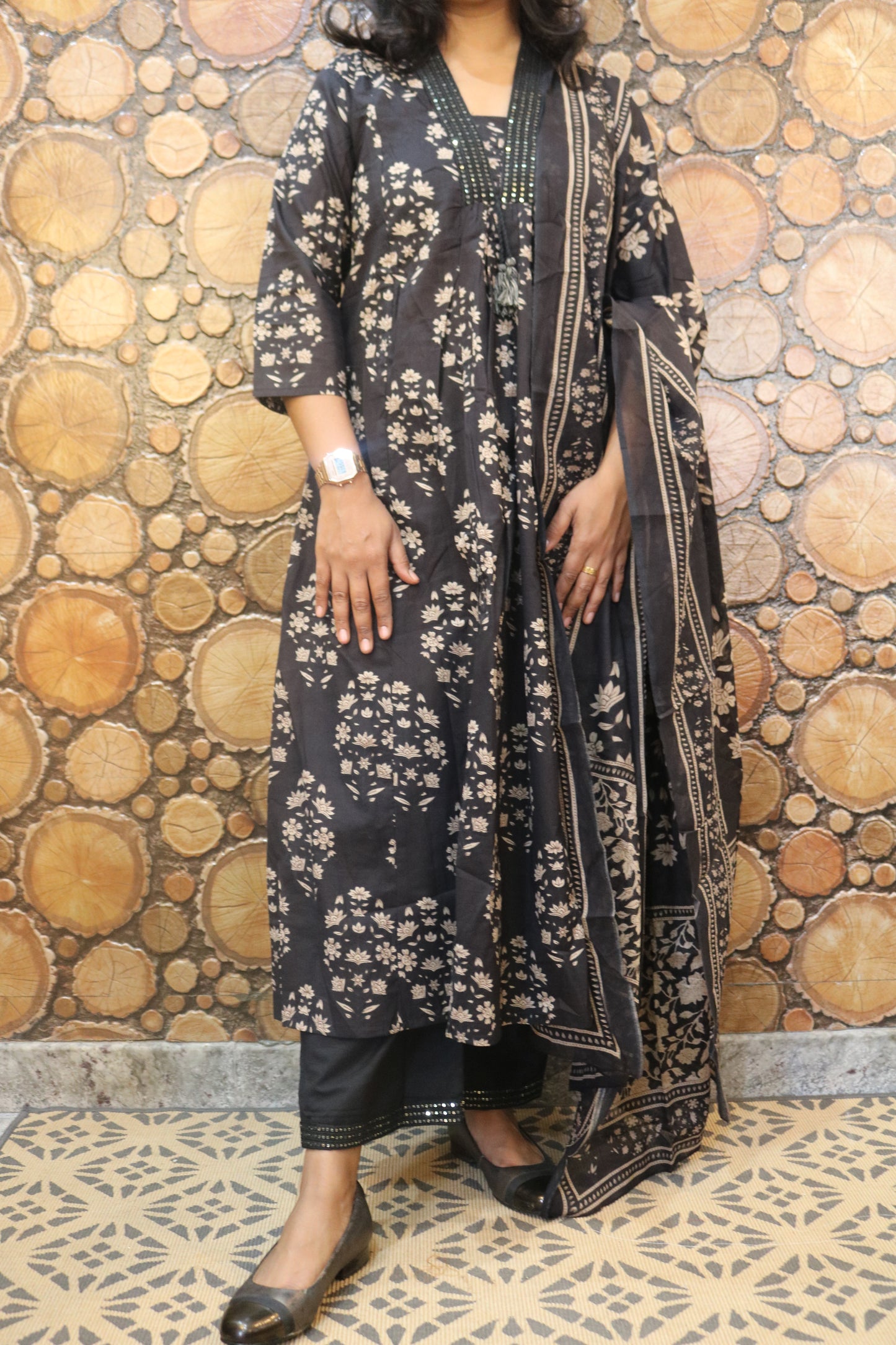 Charcoal Black Printed Pure Cotton Kurta Pant Dupatta Set