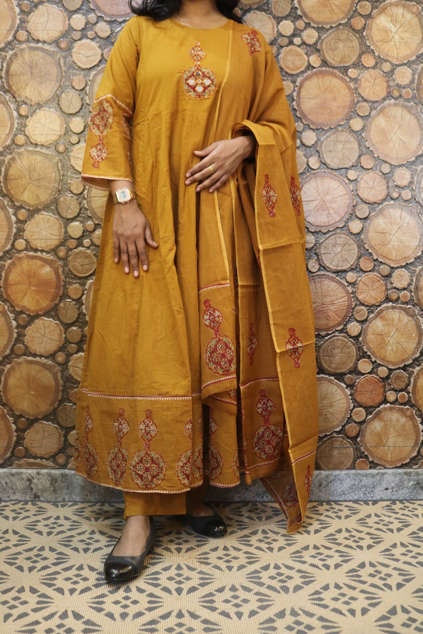 Mustard Yellow Embroidered Pure Cotton Kurta Pant Dupatta Set