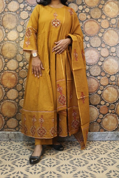 Mustard Yellow Embroidered Pure Cotton Kurta Pant Dupatta Set