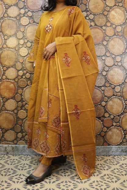 Mustard Yellow Embroidered Pure Cotton Kurta Pant Dupatta Set