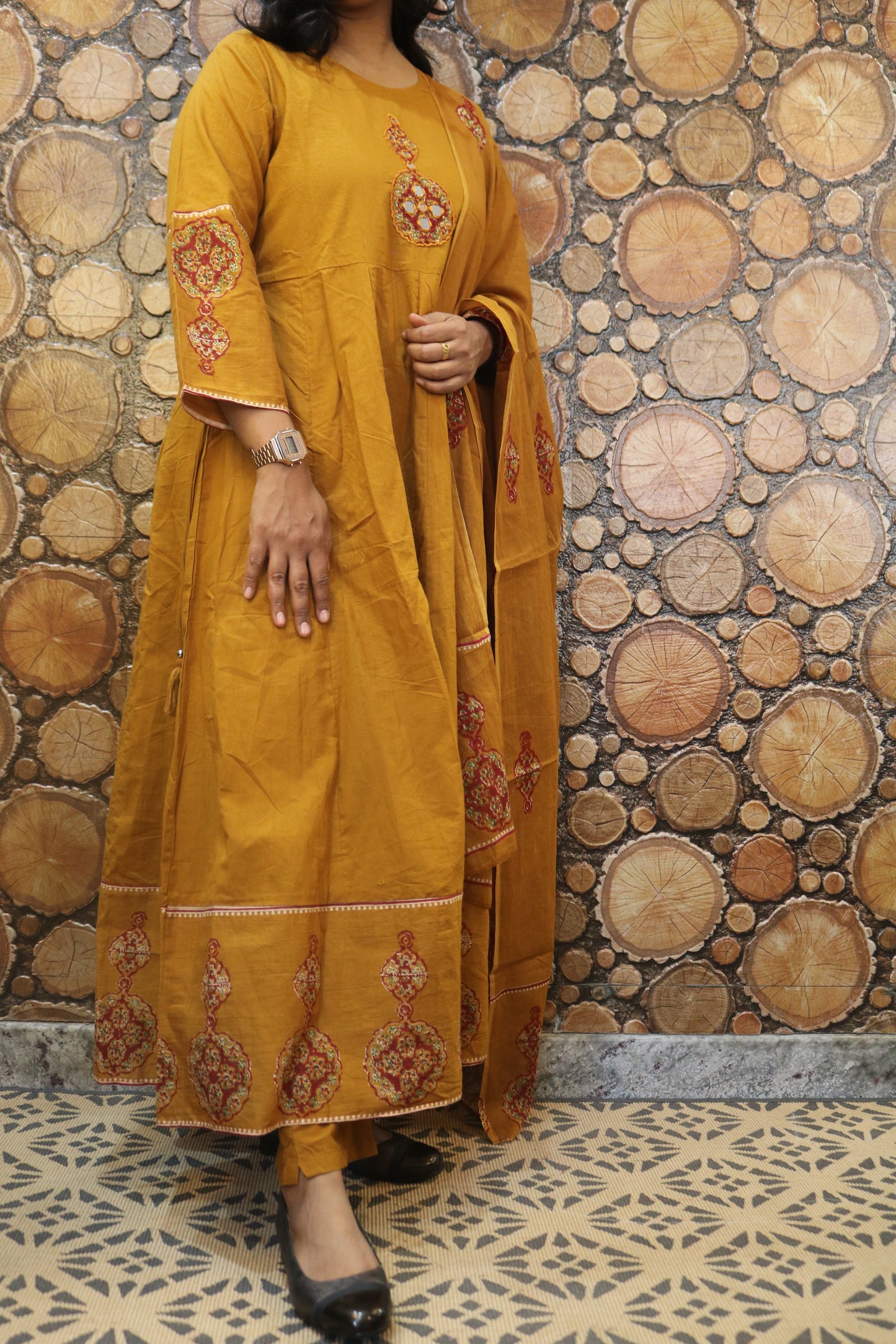 Mustard Yellow Embroidered Pure Cotton Kurta Pant Dupatta Set