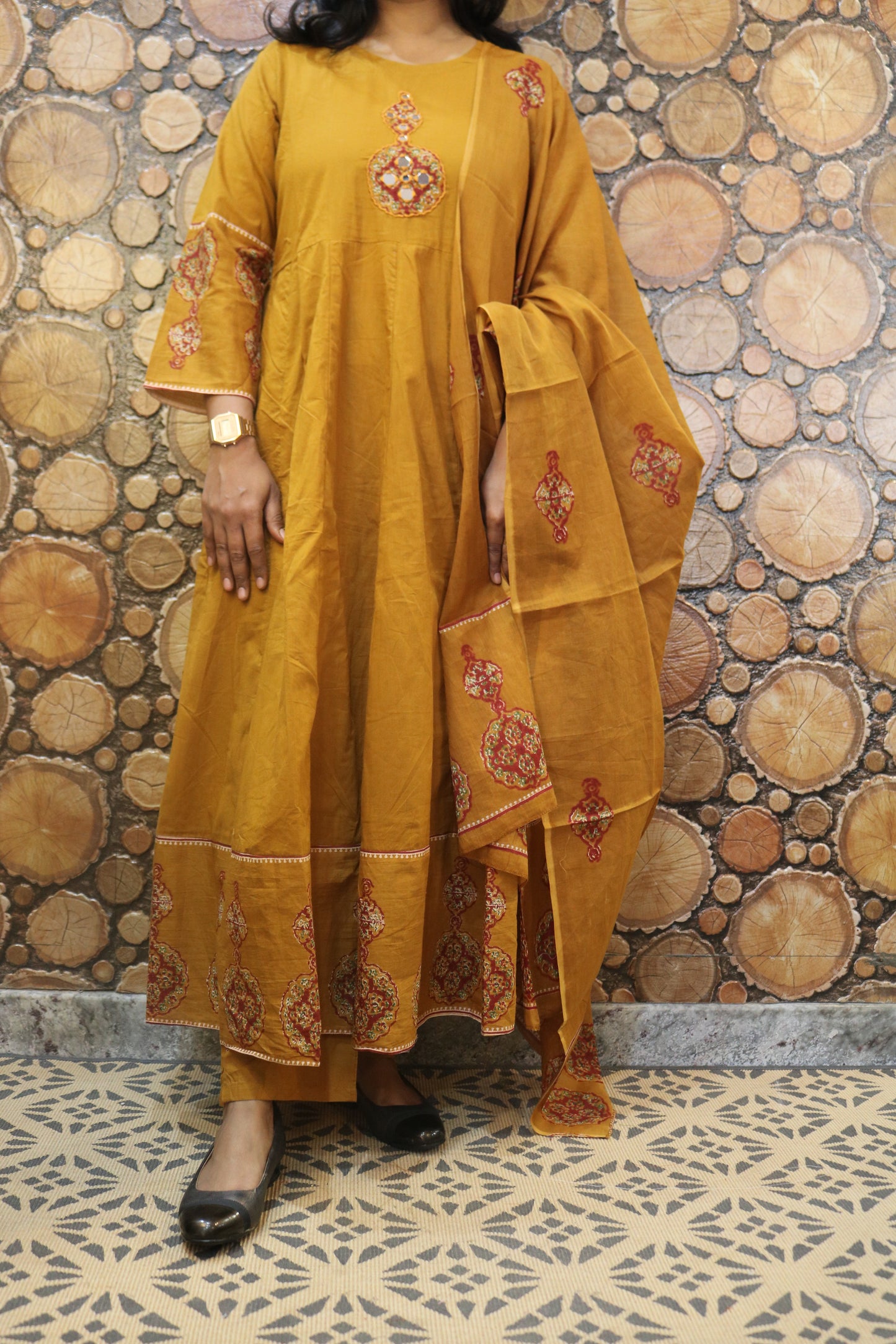 Mustard Yellow Embroidered Pure Cotton Kurta Pant Dupatta Set