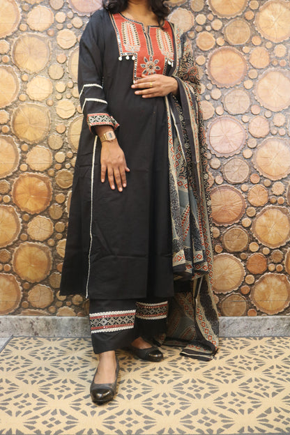 Black Embroidered Pure Cotton Kurta Palazzo Dupatta Set