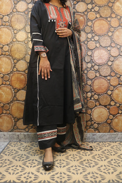 Black Embroidered Pure Cotton Kurta Palazzo Dupatta Set