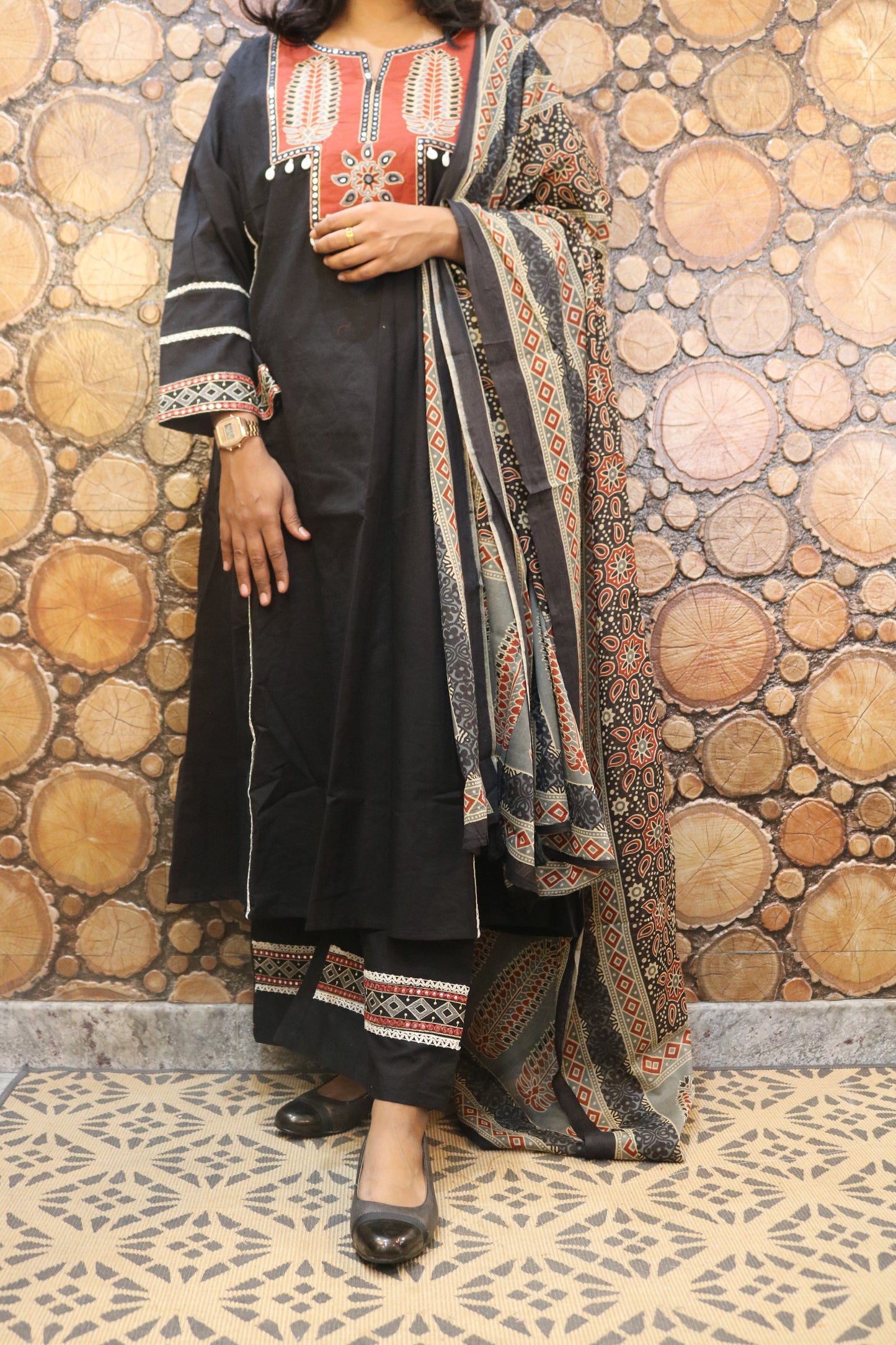 Black Embroidered Pure Cotton Kurta Palazzo Dupatta Set