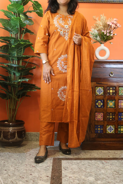 Orange Embroidered Jaipur Cotton Kurtha Set