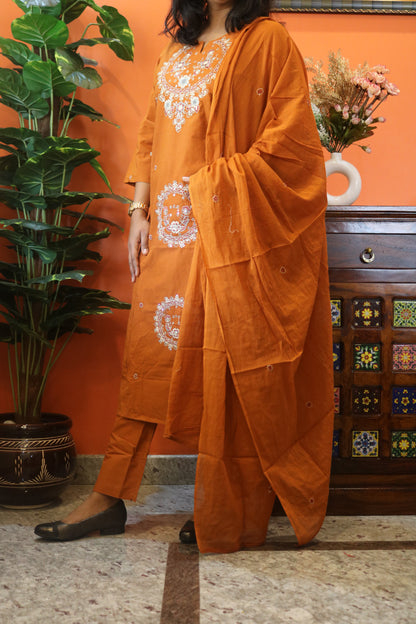 Orange Embroidered Jaipur Cotton Kurtha Set
