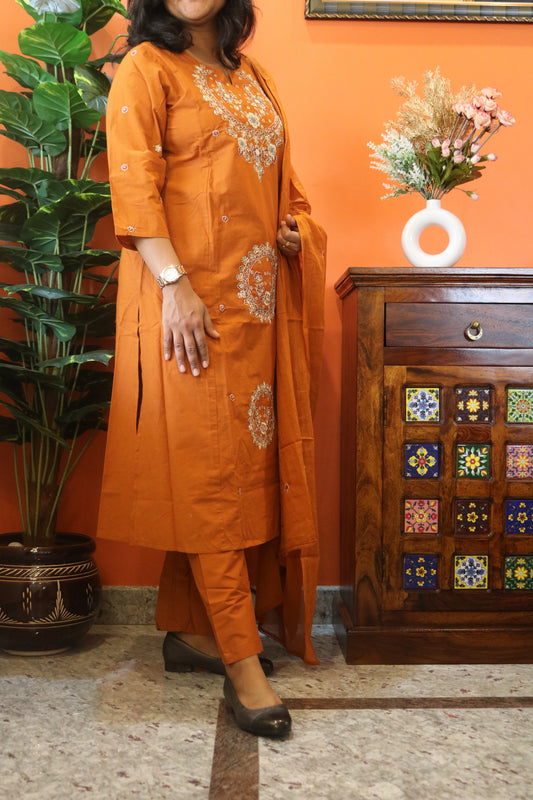 Orange Embroidered Jaipur Cotton Kurtha Set