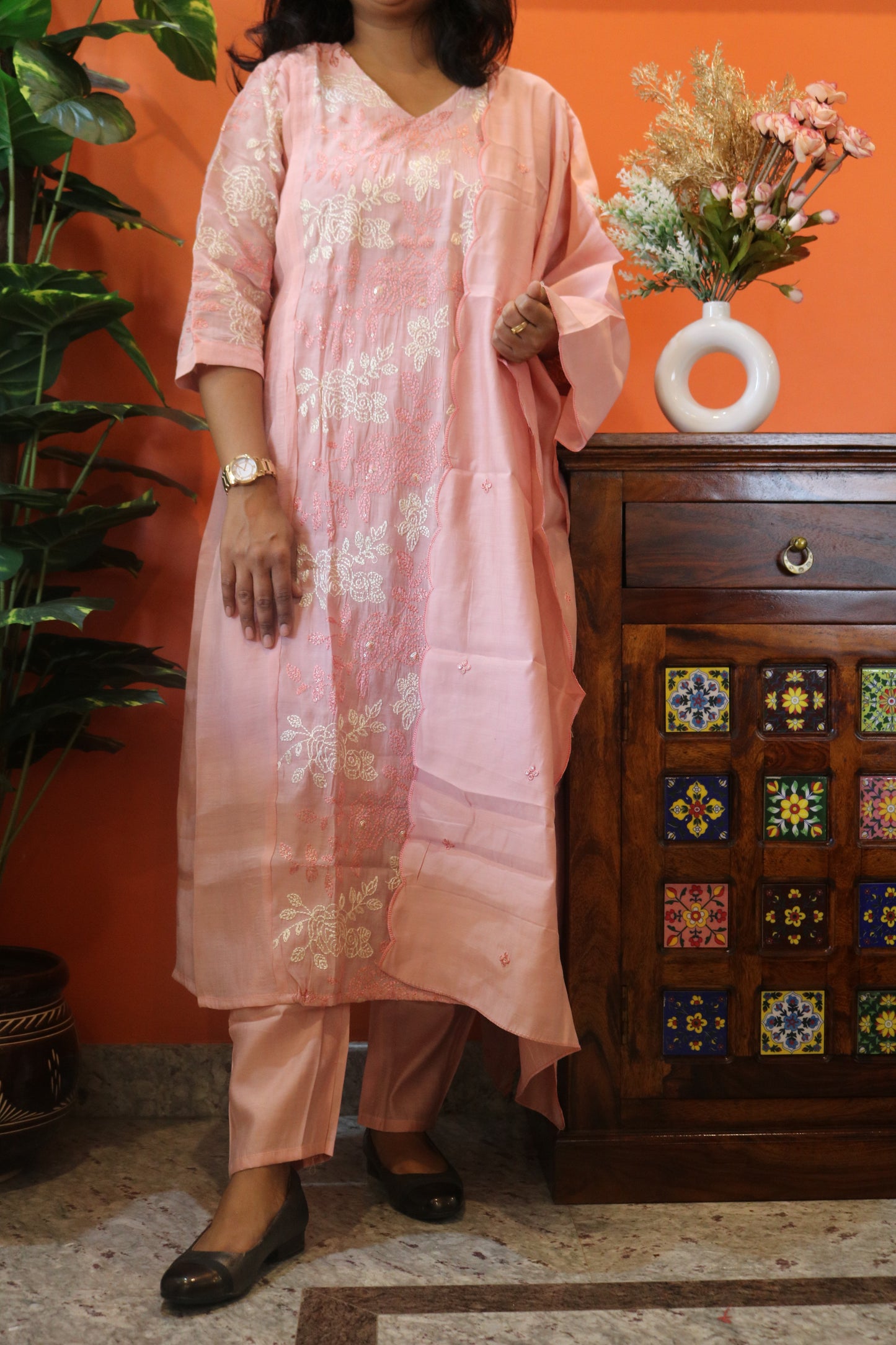 Light Pink Jaal Work Chanderi Cotton Kurtha Set