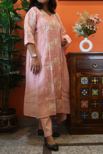 Light Pink Jaal Work Chanderi Cotton Kurtha Set
