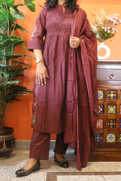 Maroon Floral Embroidered Cotton Kurtha Set