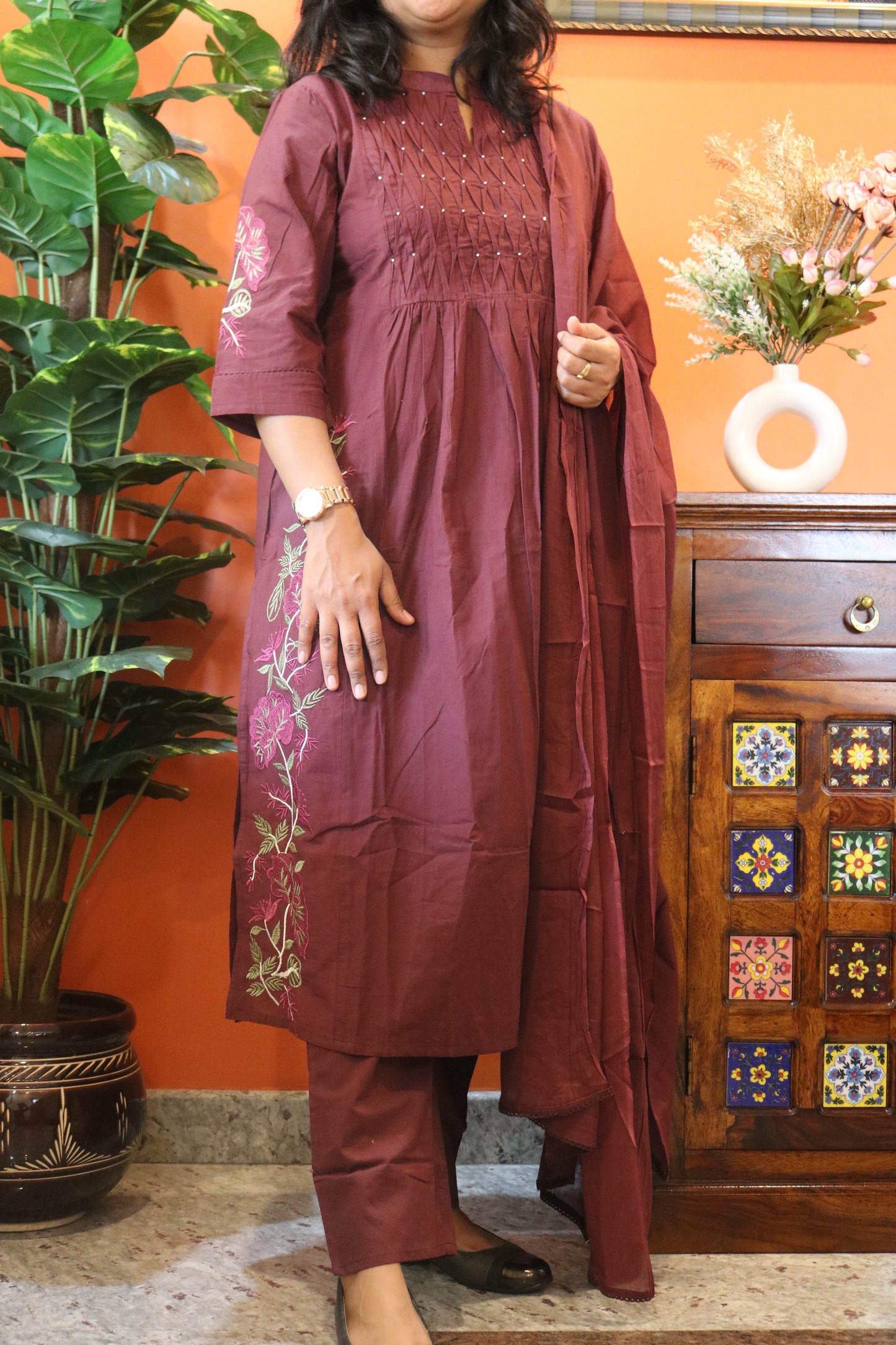 Maroon Floral Embroidered Cotton Kurtha Set