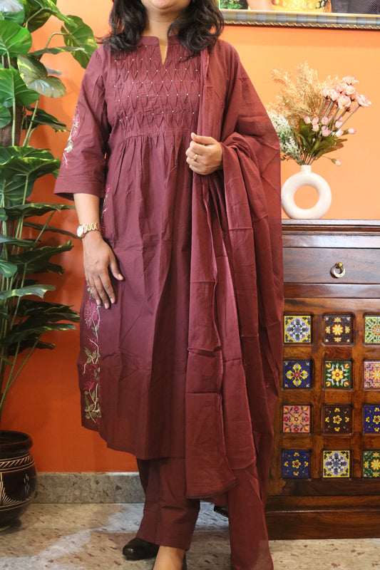Maroon Floral Embroidered Cotton Kurtha Set