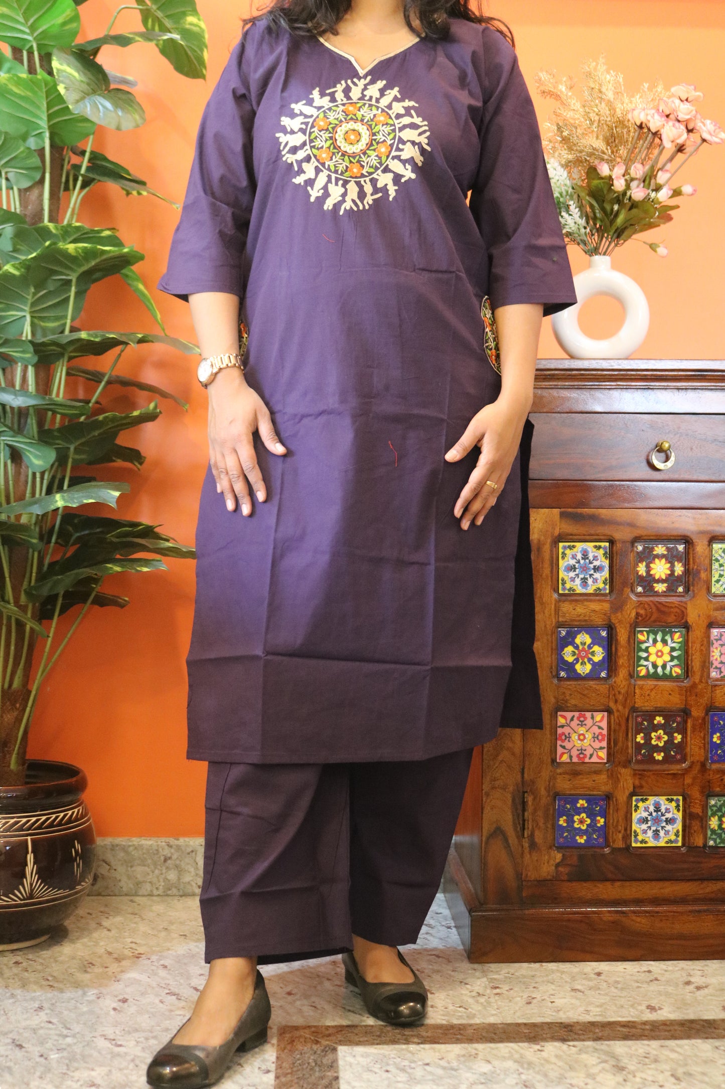 Deep Purple Warli Embroidered Pure Cotton Kurtha Set