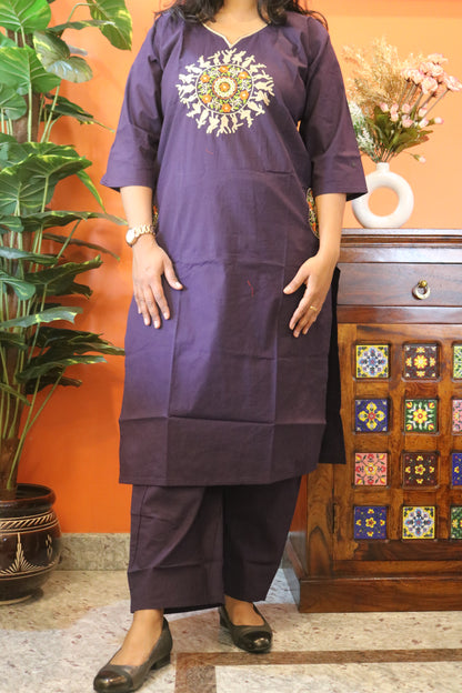 Deep Purple Warli Embroidered Pure Cotton Kurtha Set