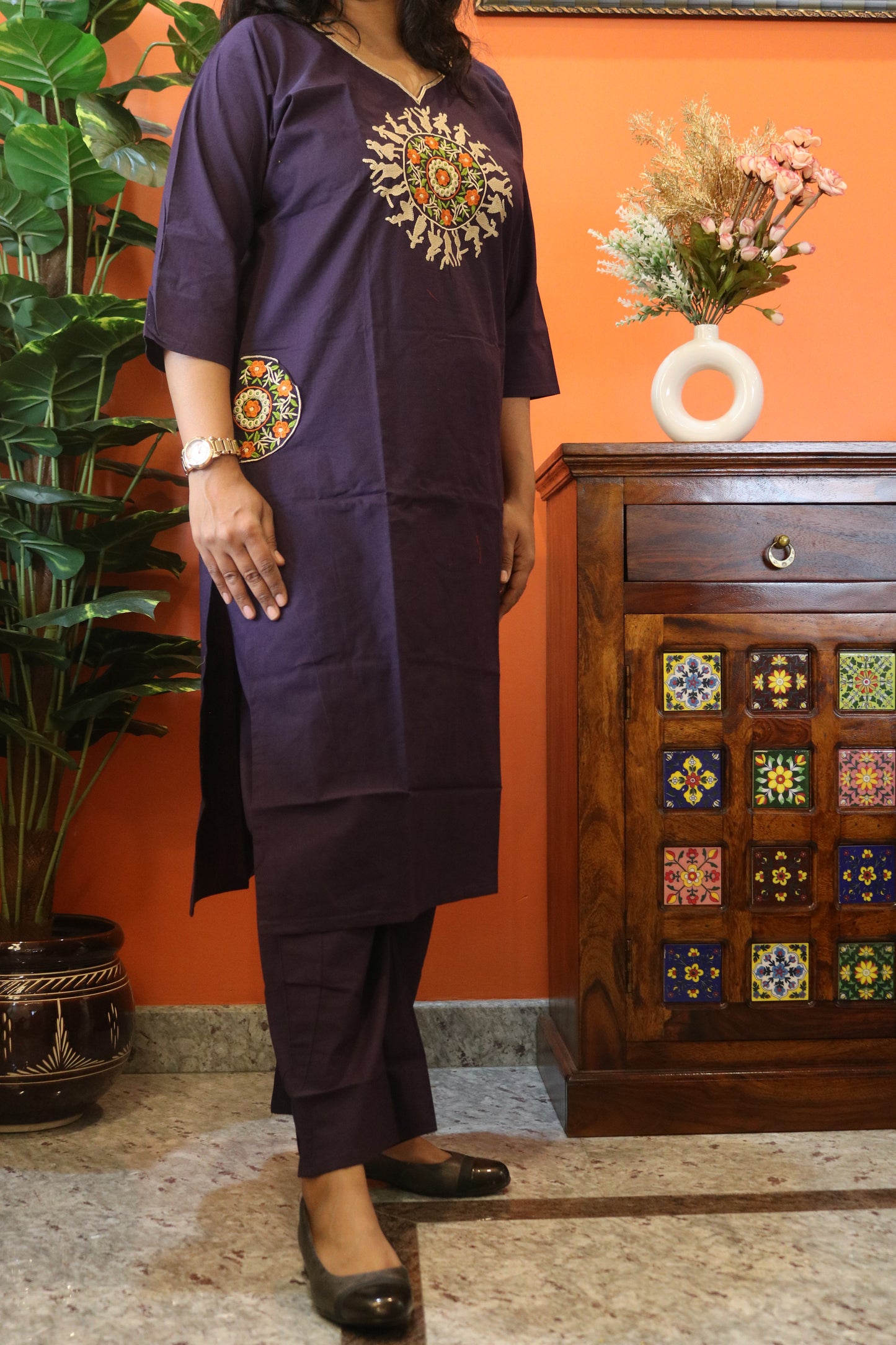 Deep Purple Warli Embroidered Pure Cotton Kurtha Set