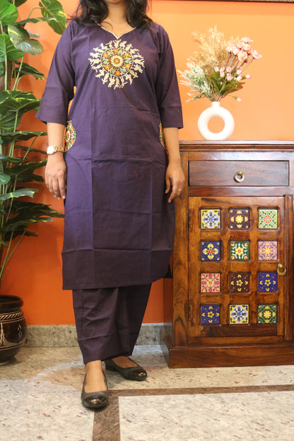 Deep Purple Warli Embroidered Pure Cotton Kurtha Set