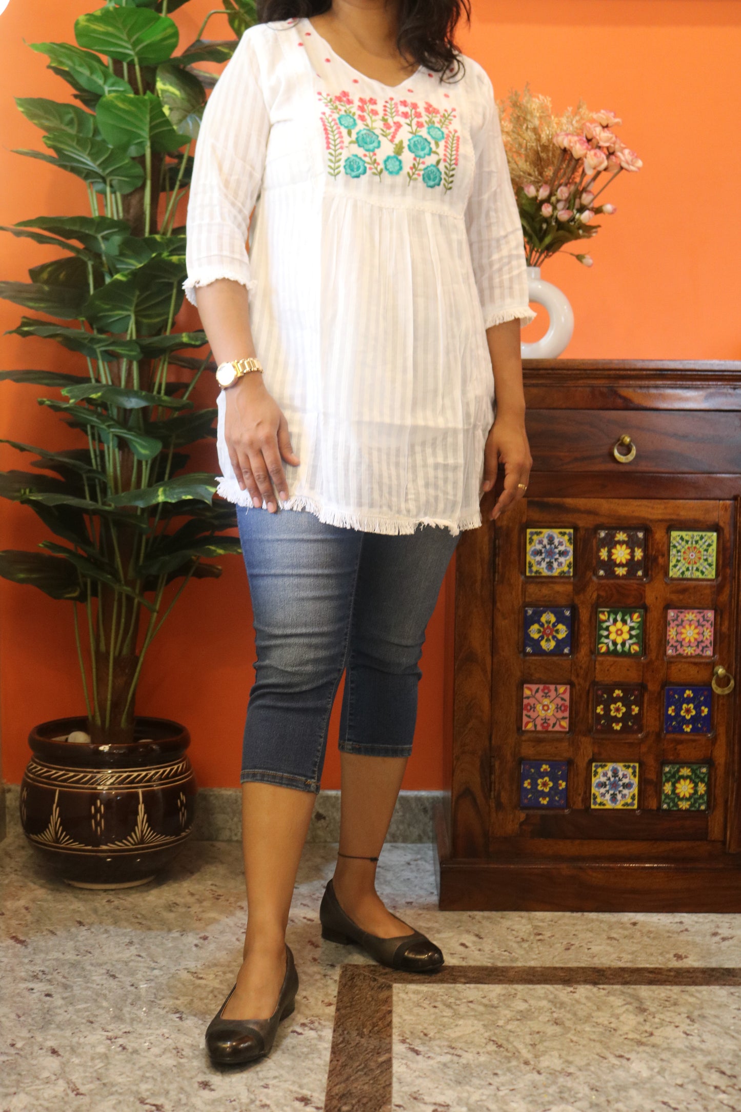 White Multicolored Floral Embroidered Cotton Tunic Top