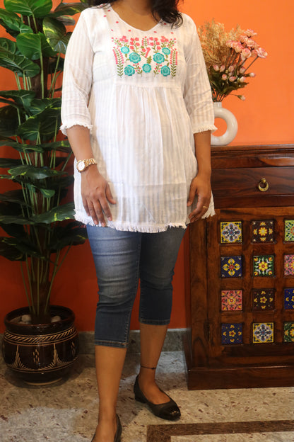 White Multicolored Floral Embroidered Cotton Tunic Top