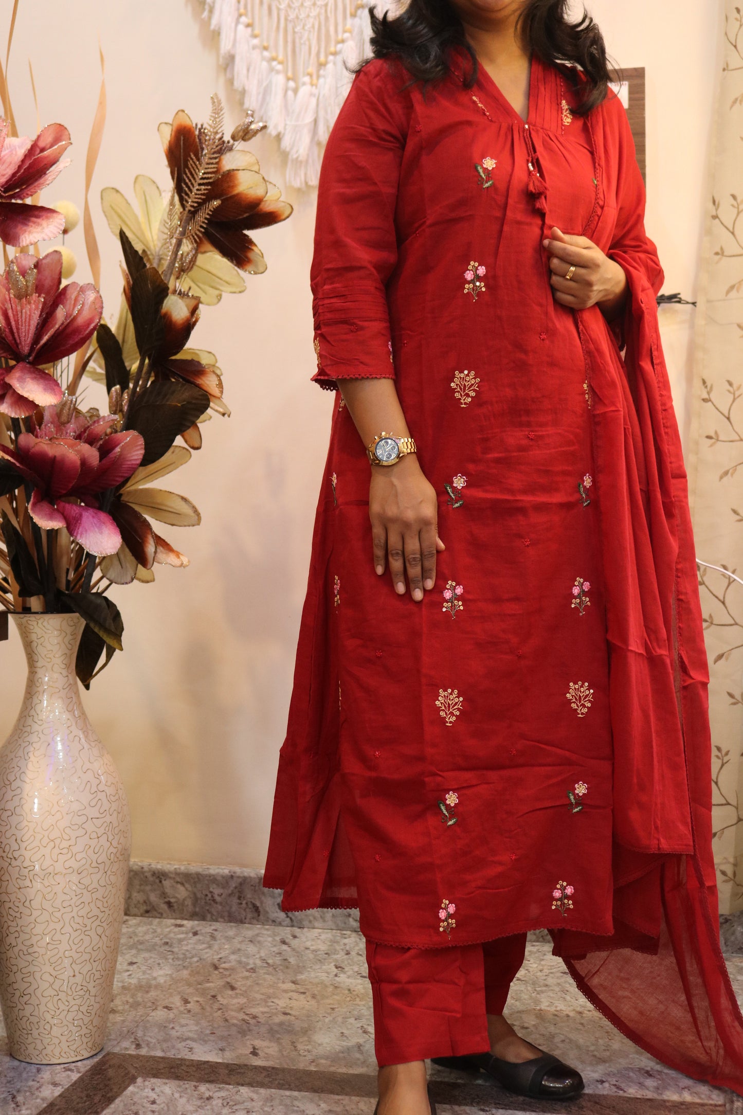 Scarlet Blossom Jaipur Cotton Red Kurtha Set