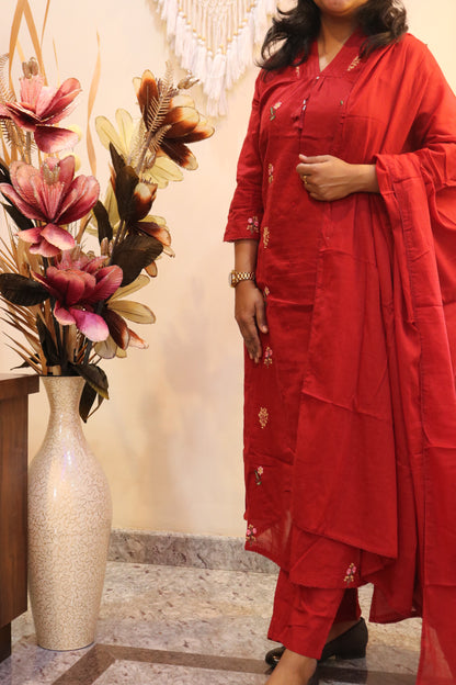 Scarlet Blossom Jaipur Cotton Red Kurtha Set