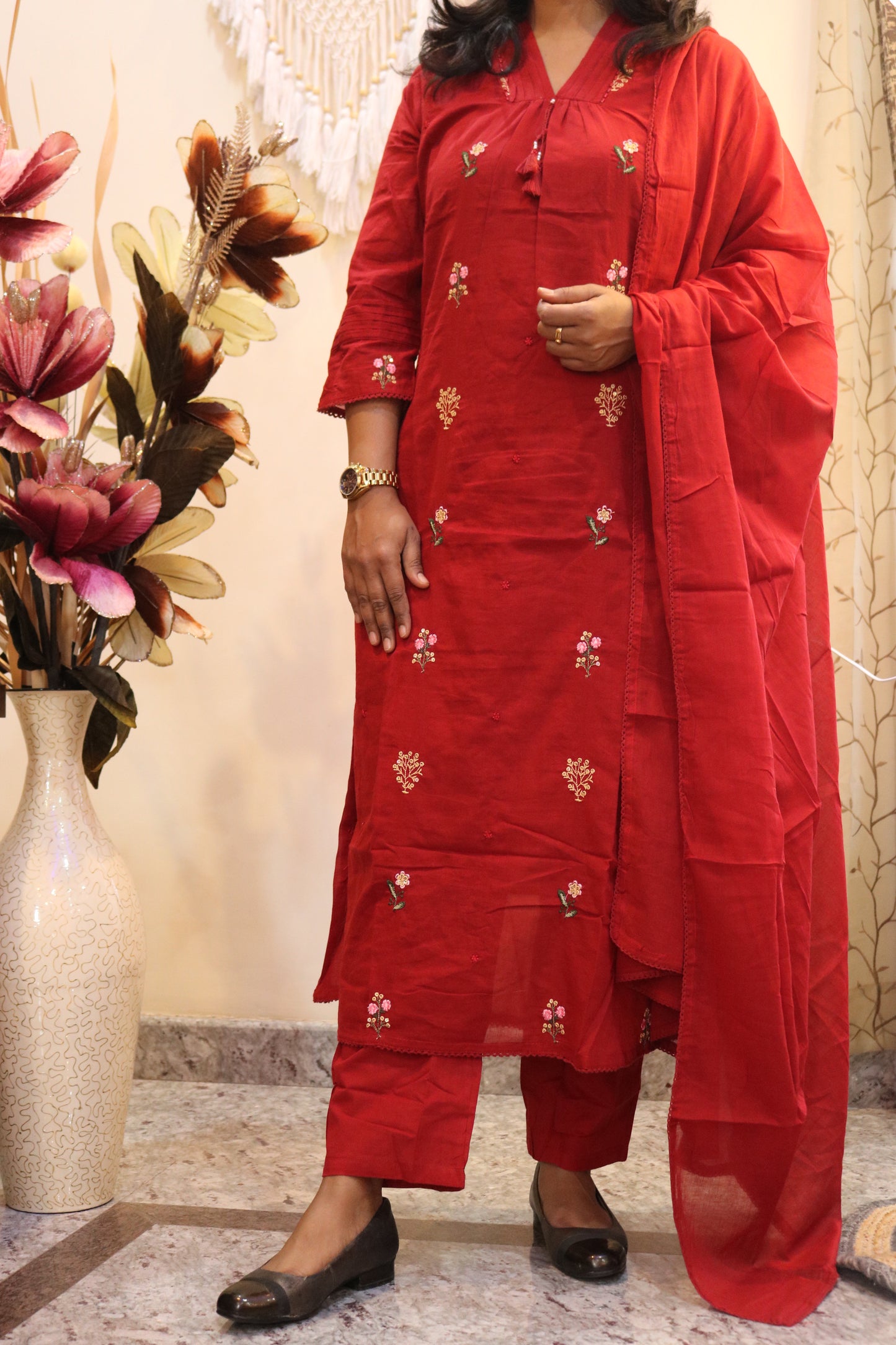 Scarlet Blossom Jaipur Cotton Red Kurtha Set