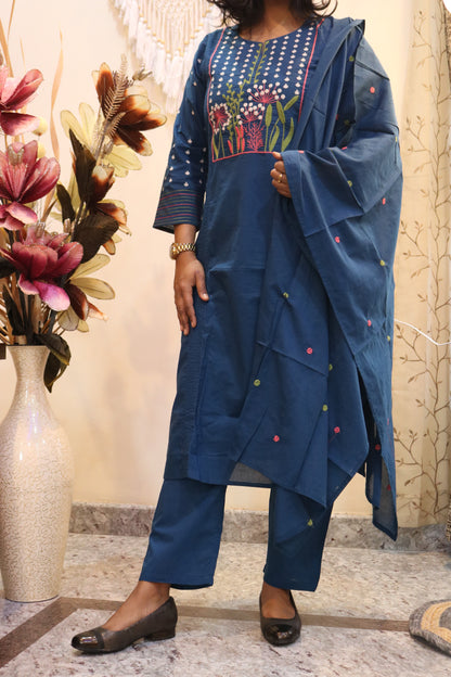 Indigo Floral Jaipur Cotton Kurtha Set