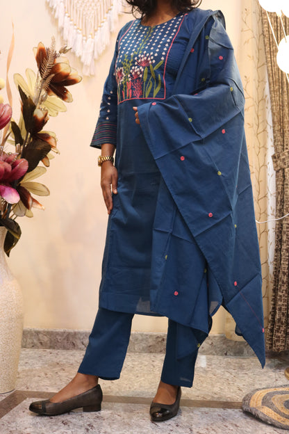 Indigo Floral Jaipur Cotton Kurtha Set