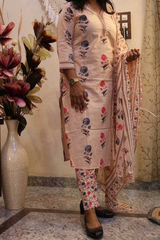 Blush Floral Jaipur Cotton Kurtha Set