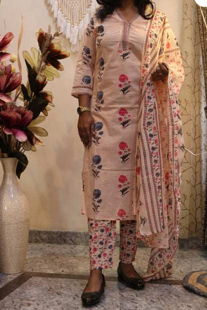 Blush Floral Jaipur Cotton Kurtha Set