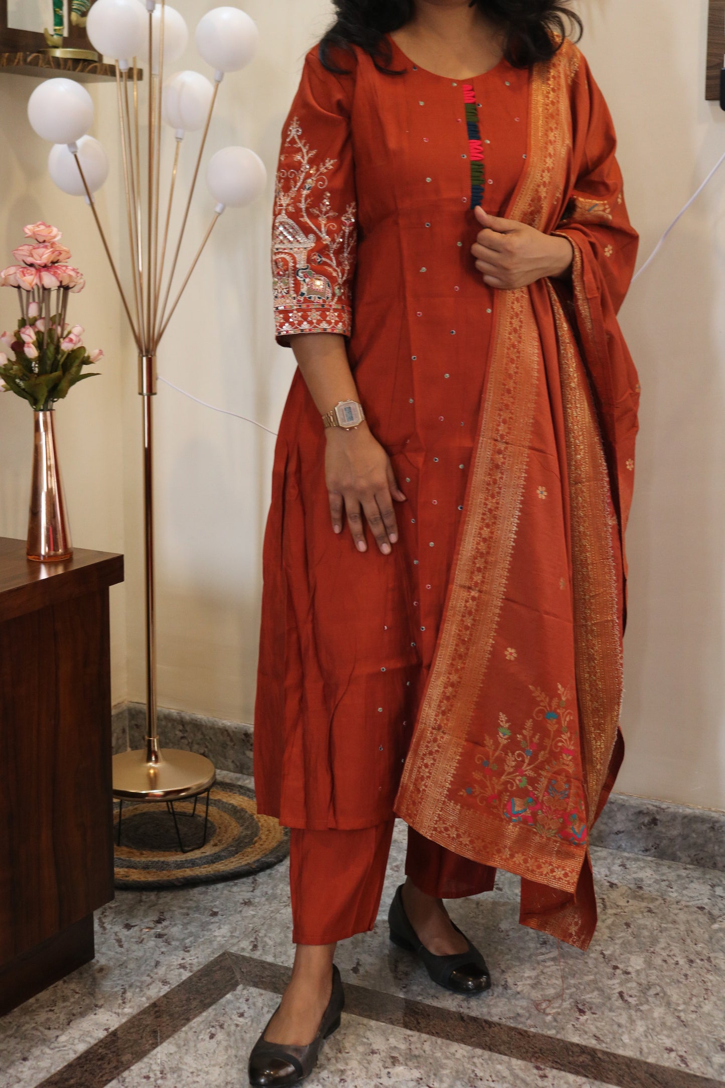 Terracotta Rust Embroidered Visco Silk Kurta Set