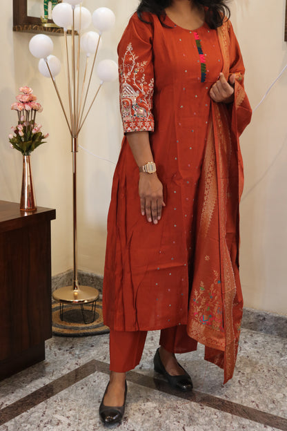 Terracotta Rust Embroidered Visco Silk Kurta Set