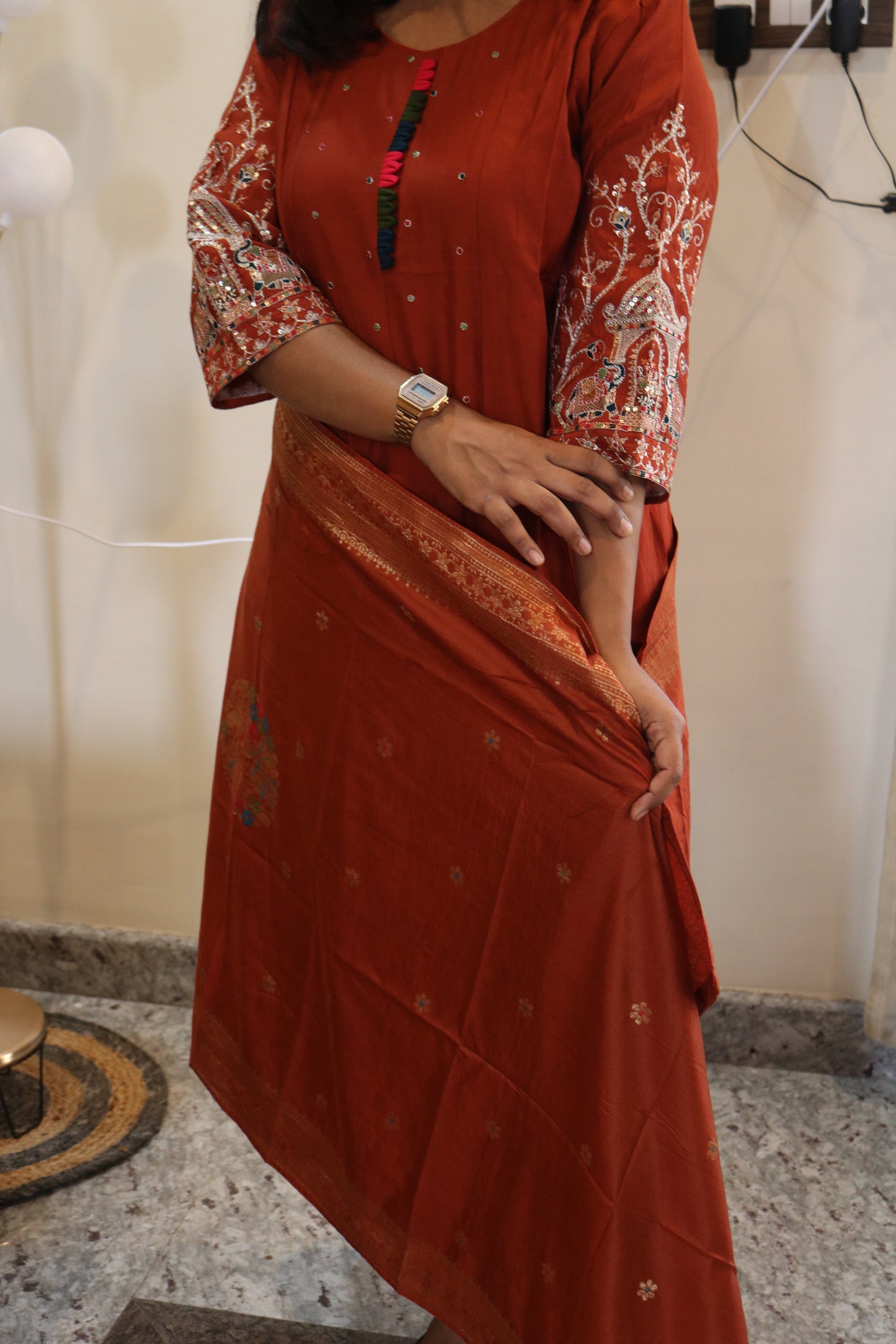 Terracotta Rust Embroidered Visco Silk Kurta Set