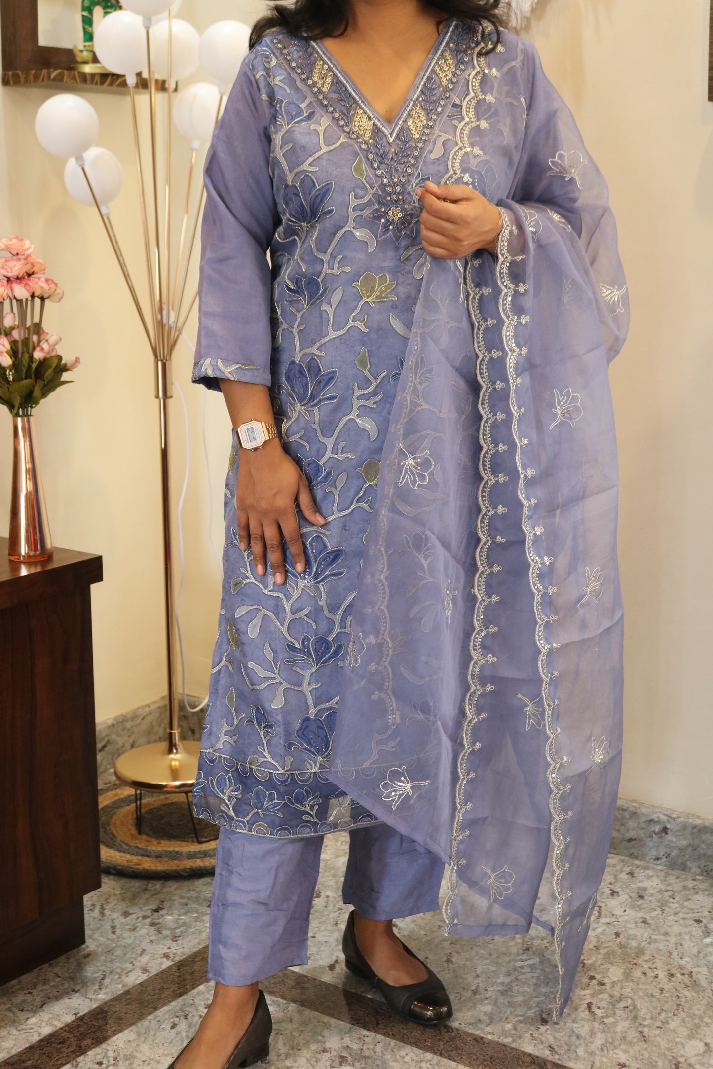 Lavender Organza Embroidered Kurta Set