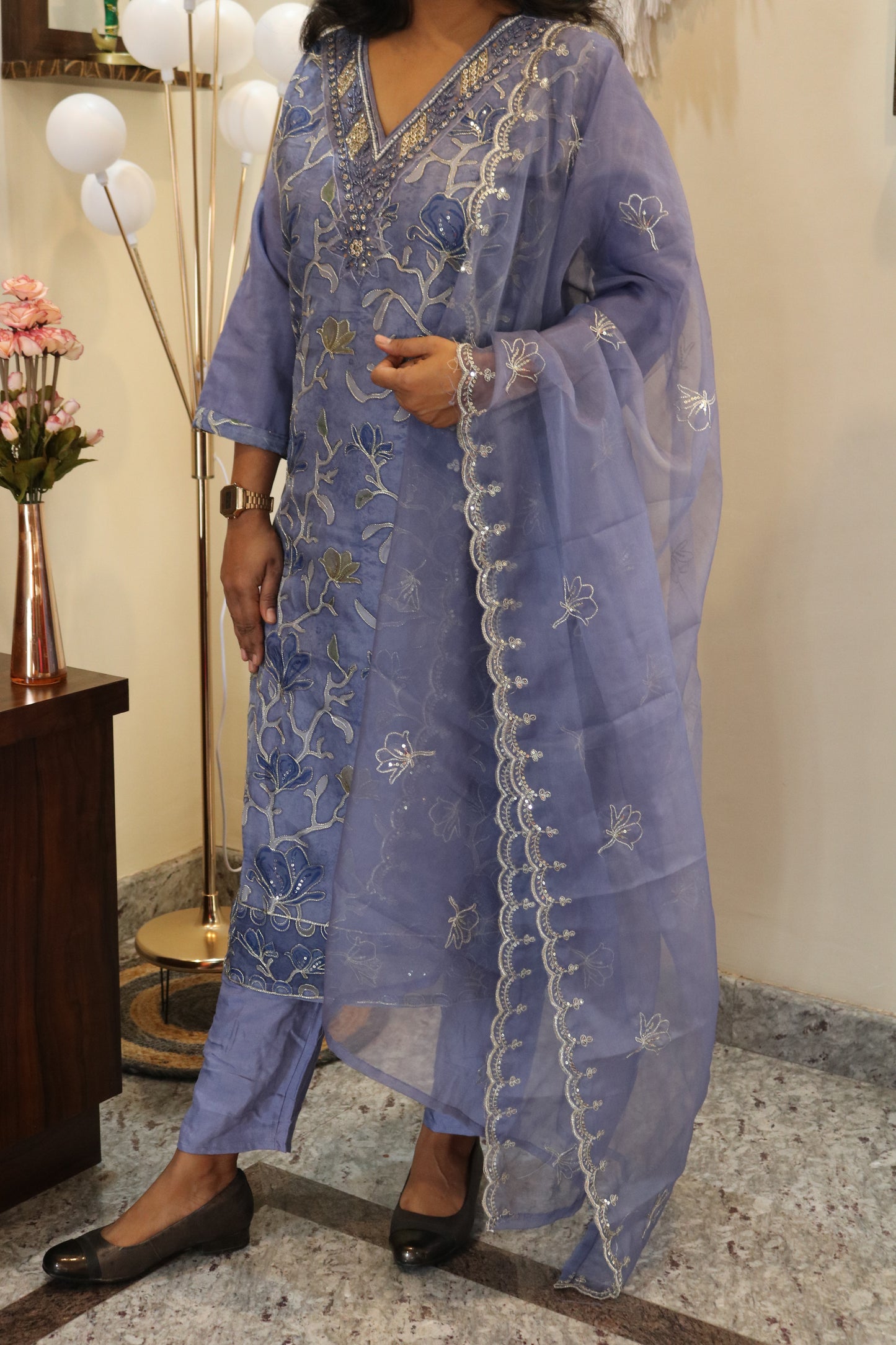 Lavender Organza Embroidered Kurta Set